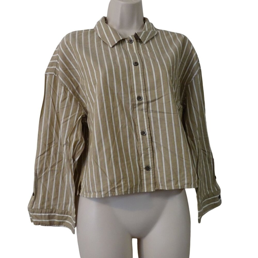Everlane Woven Cotton Pajama Top Women Size XS Brown Stripe Button Up Long Slv